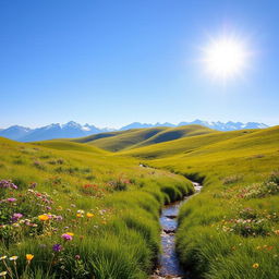 A beautiful landscape with rolling hills covered in wildflowers under a bright blue sky