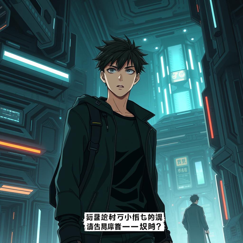 A sci-fi manhwa scene featuring a young male protagonist in a shadowy, futuristic world