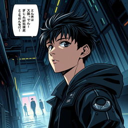 A sci-fi manhwa scene featuring a young male protagonist in a shadowy, futuristic world