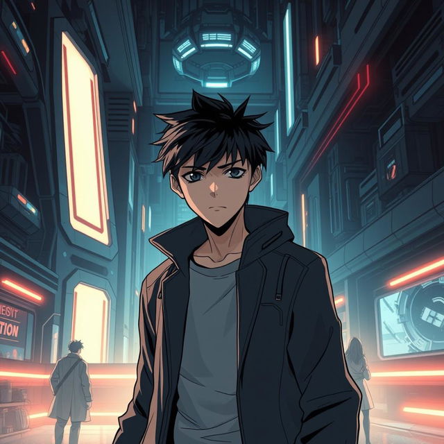 A sci-fi manhwa scene featuring a young male protagonist in a shadowy, futuristic world