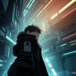 A sci-fi manhwa scene featuring a young male protagonist in a shadowy, futuristic world