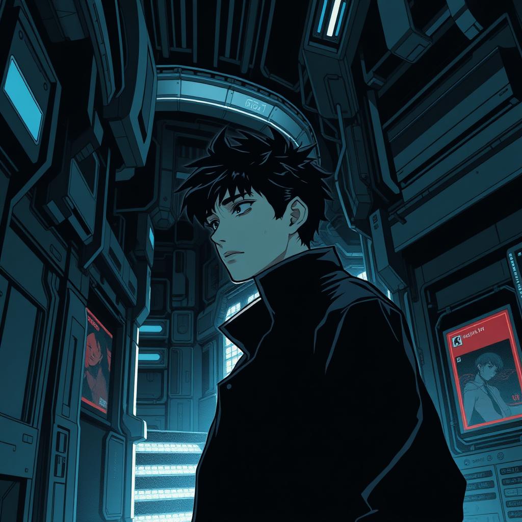 A shadowy sci-fi scene from a manhwa featuring a young male protagonist in a futuristic, dimly lit environment