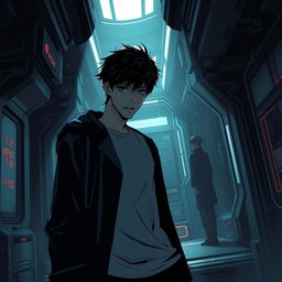 A shadowy sci-fi scene from a manhwa featuring a young male protagonist in a futuristic, dimly lit environment