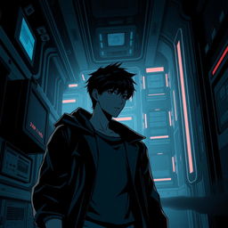 A shadowy sci-fi scene from a manhwa featuring a young male protagonist in a futuristic, dimly lit environment