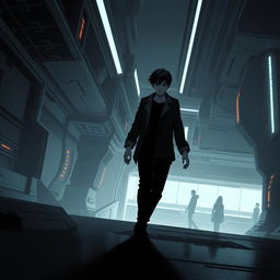 A shadowy sci-fi scene from a manhwa featuring a young male protagonist in a futuristic, dimly lit environment