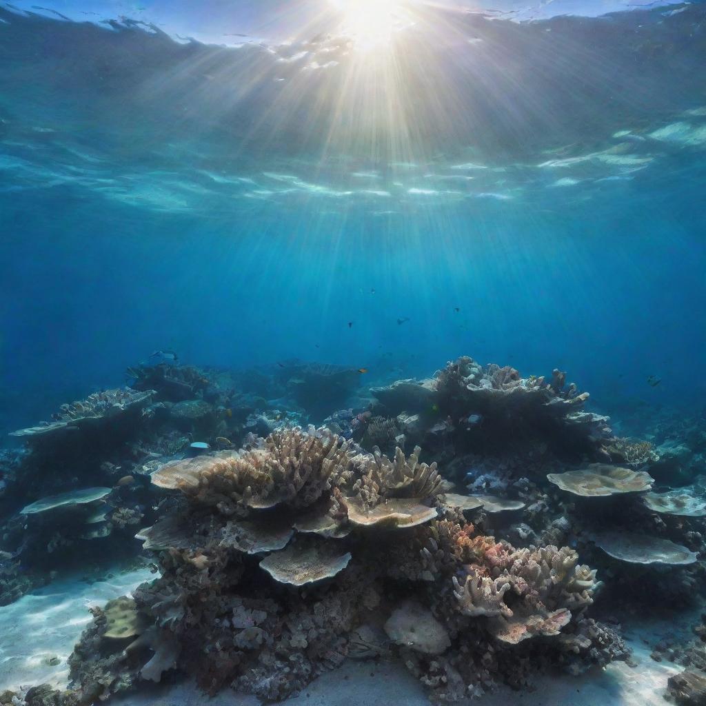 Aesthetic underwater view of seafloor, embellished with vibrant marine life, stunning coral formations, and sunbeams piercing through the crystal-blue water.