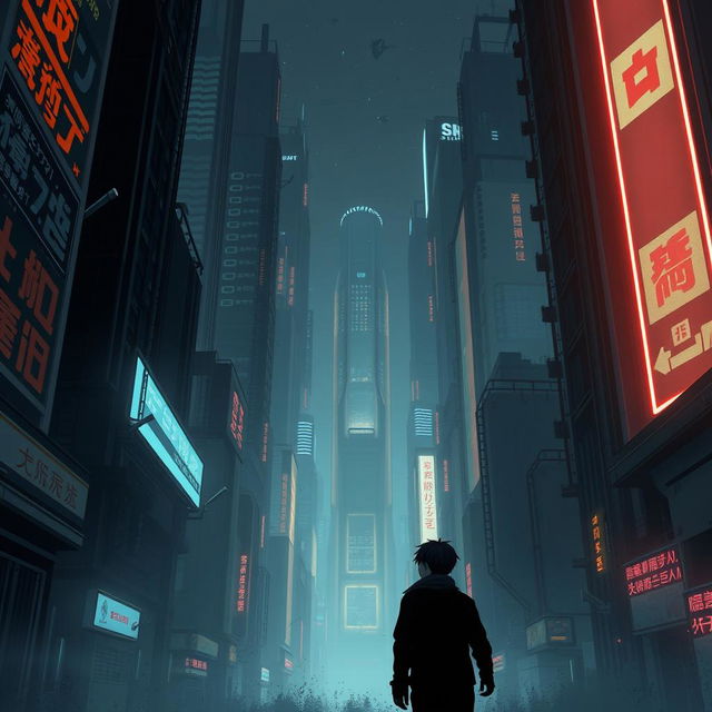 A shadowy sci-fi scene from a manhwa, featuring a young male protagonist navigating through a dimly lit futuristic cityscape