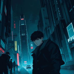 A shadowy sci-fi scene from a manhwa, featuring a young male protagonist navigating through a dimly lit futuristic cityscape