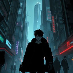 A shadowy sci-fi scene from a manhwa, featuring a young male protagonist navigating through a dimly lit futuristic cityscape