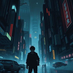 A shadowy sci-fi scene from a manhwa, featuring a young male protagonist navigating through a dimly lit futuristic cityscape