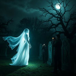 A mysterious and ethereal white lady appearing in a cemetery, surrounded by a group of paranormal explorers