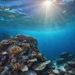 Aesthetic underwater view of seafloor, embellished with vibrant marine life, stunning coral formations, and sunbeams piercing through the crystal-blue water.