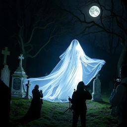 A mysterious and ethereal white lady appearing in a cemetery, surrounded by a group of paranormal explorers