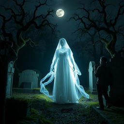 A mysterious and ethereal white lady appearing in a cemetery, surrounded by a group of paranormal explorers