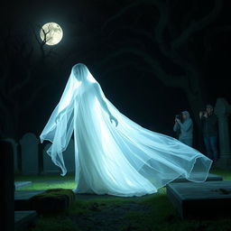 A mysterious and ethereal white lady appearing in a cemetery, surrounded by a group of paranormal explorers