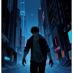 A shadowy sci-fi scene from a manhwa, featuring a young male protagonist navigating through a dimly lit futuristic cityscape