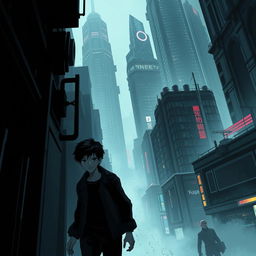 A shadowy sci-fi scene from a manhwa, featuring a young male protagonist navigating through a dimly lit futuristic cityscape