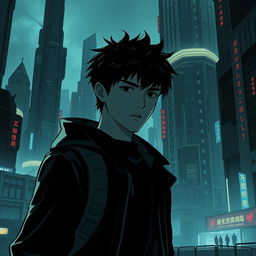 A shadowy sci-fi scene from a manhwa, featuring a young male protagonist navigating through a dimly lit futuristic cityscape