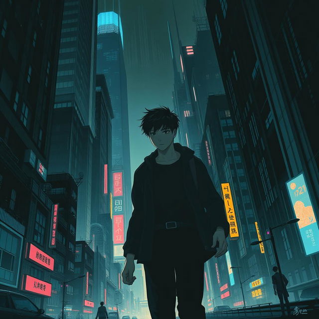 A shadowy sci-fi scene from a manhwa, featuring a young male protagonist navigating through a dimly lit futuristic cityscape