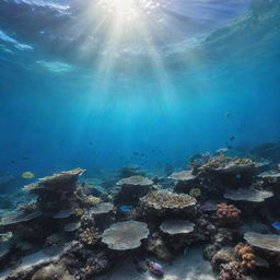 Aesthetic underwater view of seafloor, embellished with vibrant marine life, stunning coral formations, and sunbeams piercing through the crystal-blue water.