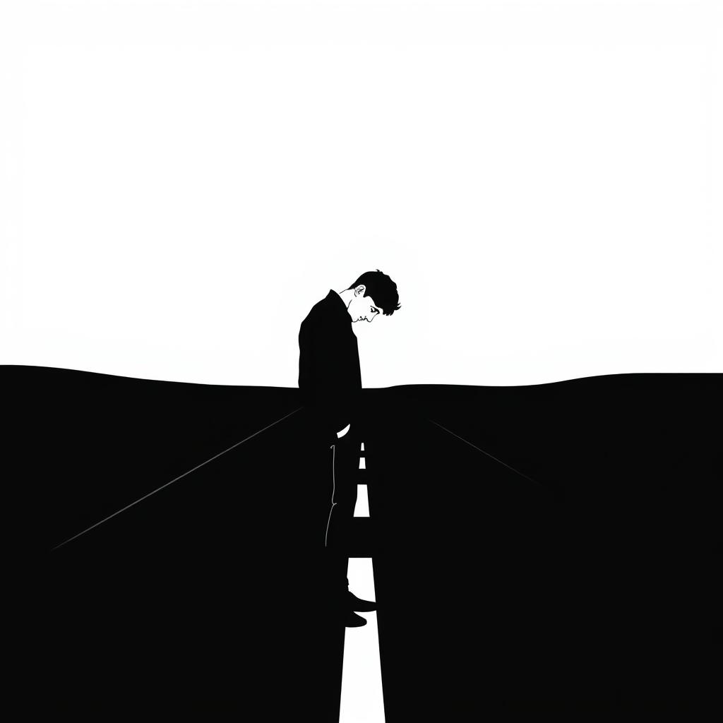 A minimalist and abstract vector art piece in black and white depicting a man enveloped in sadness, standing alone on a road at night, his gaze downward