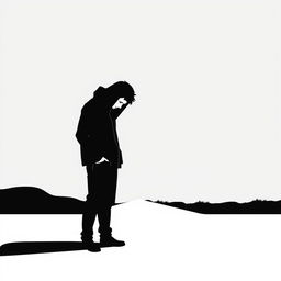 A minimalist and abstract vector art piece in black and white depicting a man enveloped in sadness, standing alone on a road at night, his gaze downward