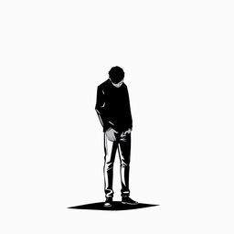 A minimalist and abstract vector art piece in black and white depicting a man enveloped in sadness, standing alone on a road at night, his gaze downward