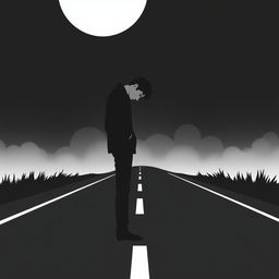 A minimalist and abstract vector art piece in black and white depicting a man enveloped in sadness, standing alone on a road at night, his gaze downward