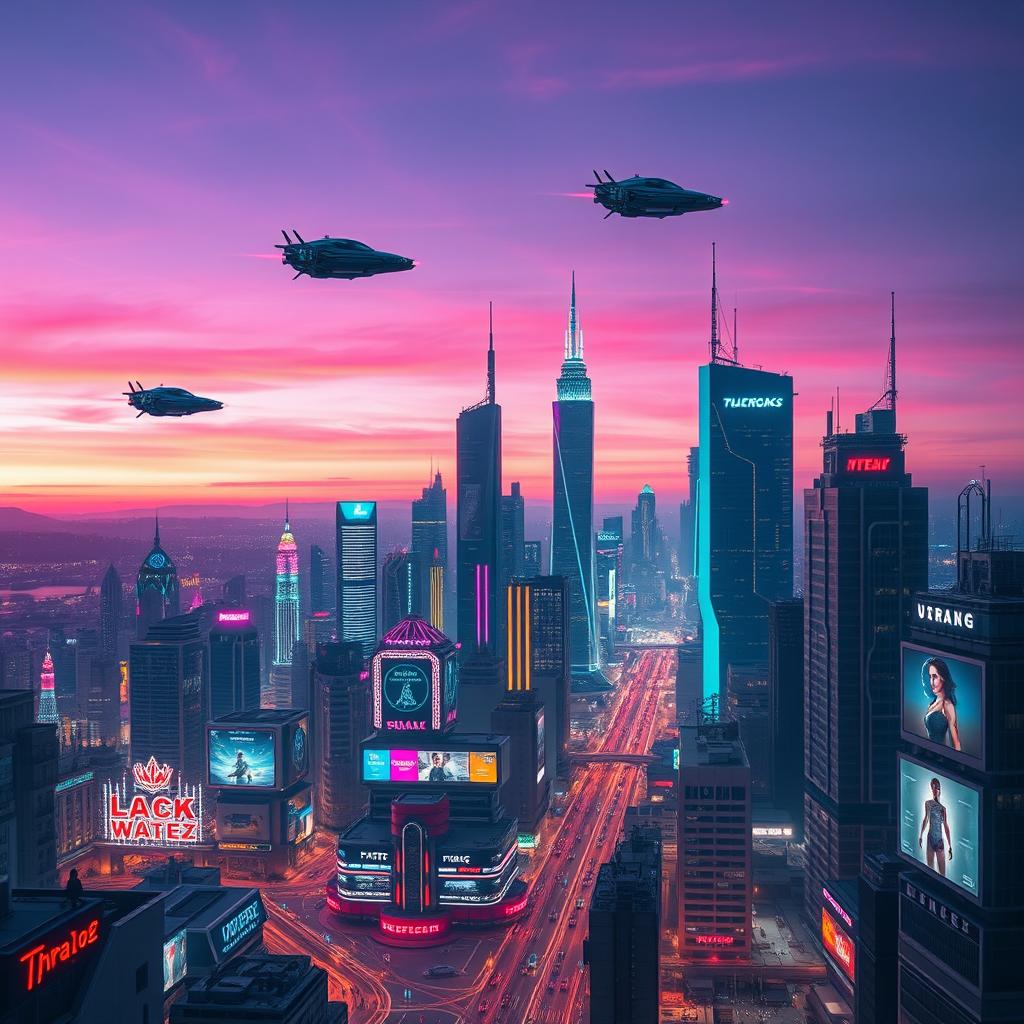 A futuristic city skyline at dusk, with neon lights illuminating the skyscrapers and flying cars zipping through the sky