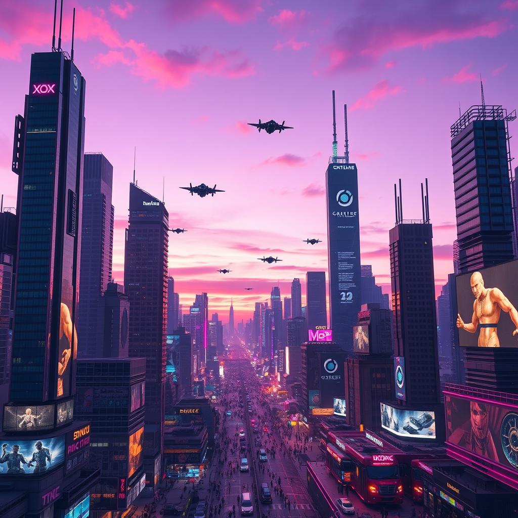 A futuristic city skyline at dusk, with neon lights illuminating the skyscrapers and flying cars zipping through the sky