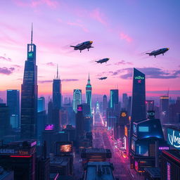 A futuristic city skyline at dusk, with neon lights illuminating the skyscrapers and flying cars zipping through the sky