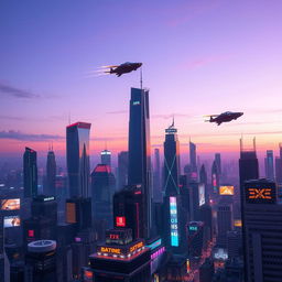 A futuristic city skyline at dusk, with neon lights illuminating the skyscrapers and flying cars zipping through the sky