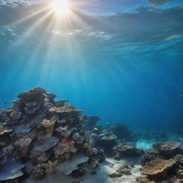 Aesthetic underwater view of seafloor, embellished with vibrant marine life, stunning coral formations, and sunbeams piercing through the crystal-blue water.