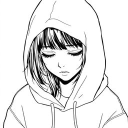 A high contrast black and white digital ink drawing of a teenage girl with black hair, wearing a hoodie pulled over her head