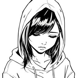 A high contrast black and white digital ink drawing of a teenage girl with black hair, wearing a hoodie pulled over her head