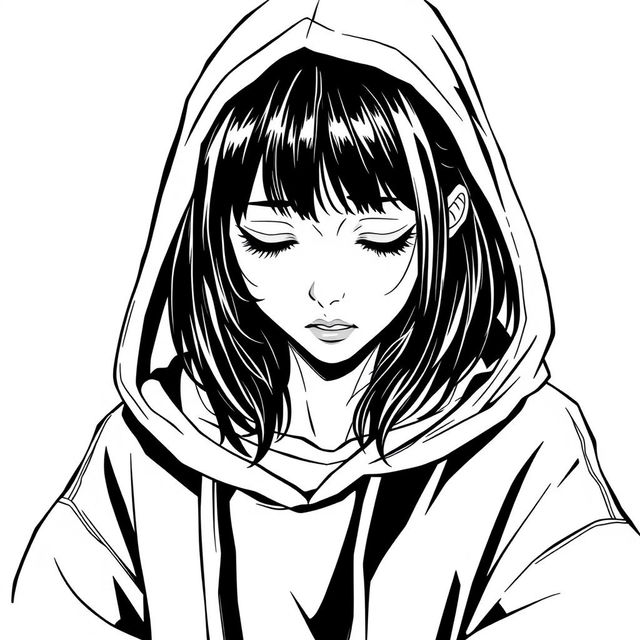 A high contrast black and white digital ink drawing of a teenage girl with black hair, wearing a hoodie pulled over her head