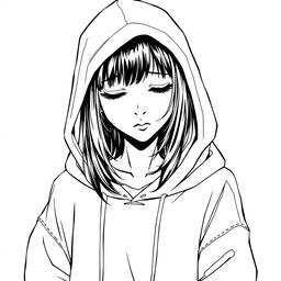 A high contrast black and white digital ink drawing of a teenage girl with black hair, wearing a hoodie pulled over her head