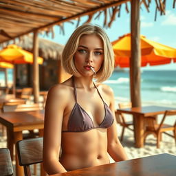 A 22-year-old girl with a short blonde bob hairstyle, weighing around 65 kg, wearing a crop-top triangle thistle-colored bikini