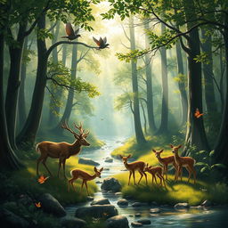 A serene and enchanting forest scene with a gentle stream flowing through it, surrounded by lush greenery and tall trees