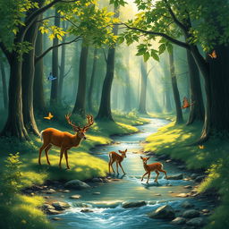 A serene and enchanting forest scene with a gentle stream flowing through it, surrounded by lush greenery and tall trees