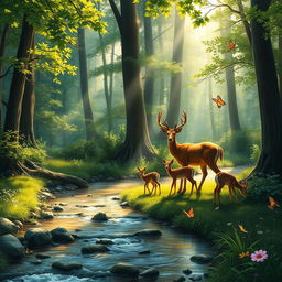 A serene and enchanting forest scene with a gentle stream flowing through it, surrounded by lush greenery and tall trees