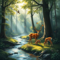 A serene and enchanting forest scene with a gentle stream flowing through it, surrounded by lush greenery and tall trees