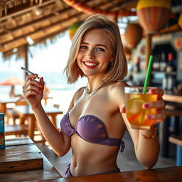 A 22-year-old girl with a short blonde bob hairstyle, weighing around 75 kg, wearing a crop-top thistle-colored bikini