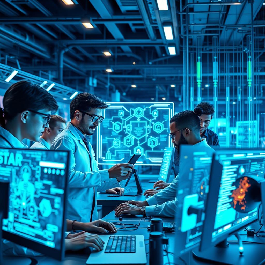 A futuristic depiction of computer network engineering, showing a diverse team of engineers collaborating on a high-tech digital project