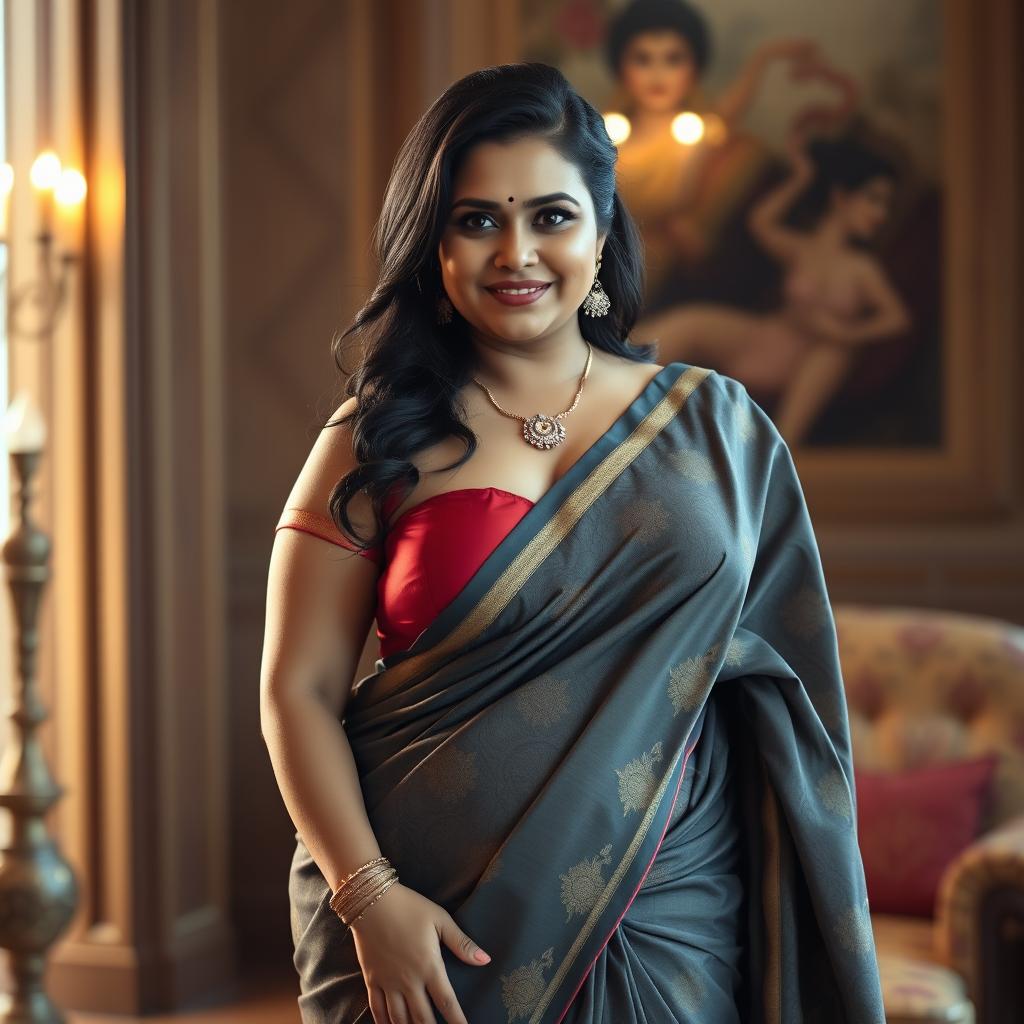 A hot, sexy, busty, and chubby dominant Indian aunty wearing a saree