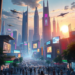 A futuristic cityscape with towering skyscrapers, advanced flying vehicles, neon lights, and bustling crowds