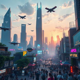 A futuristic cityscape with towering skyscrapers, advanced flying vehicles, neon lights, and bustling crowds