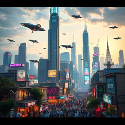 A futuristic cityscape with towering skyscrapers, advanced flying vehicles, neon lights, and bustling crowds