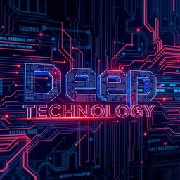 The phrase "Deep Technology" intricately designed in a bold and futuristic font, with digital elements such as circuit patterns, binary code, and glowing neon accents integrated into the lettering