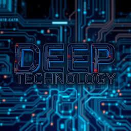 The phrase "Deep Technology" intricately designed in a bold and futuristic font, with digital elements such as circuit patterns, binary code, and glowing neon accents integrated into the lettering